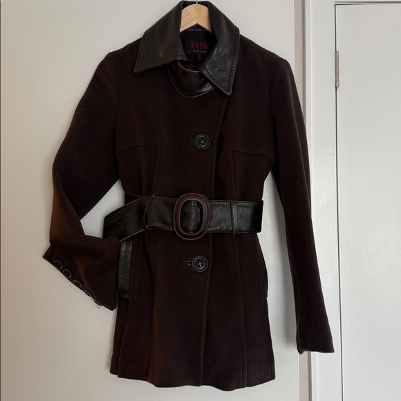 Arte Pelle Collection VTG Brown Wool Leather Trim Belted Pea Coat Women Size:P/S - Picture 3 of 12